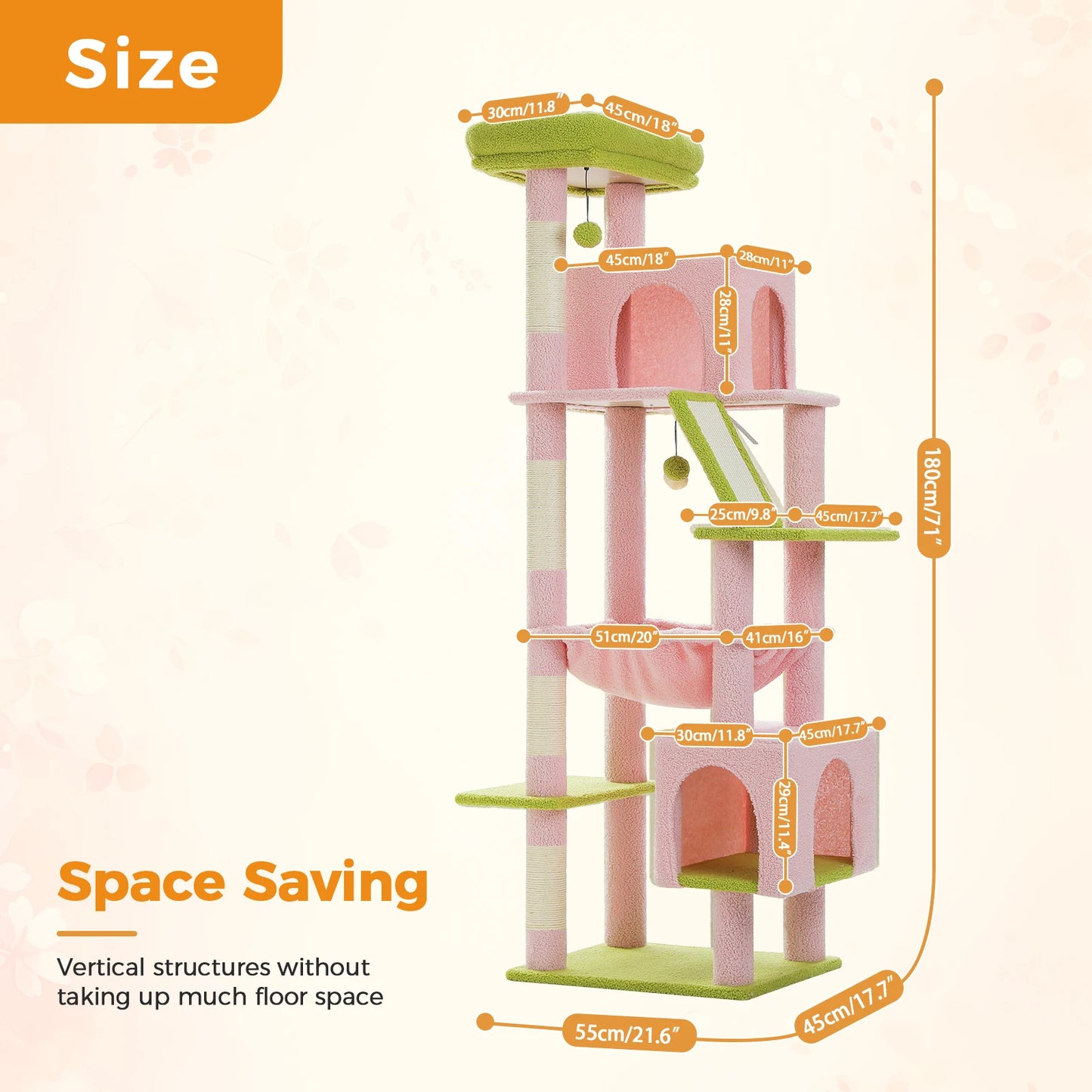 Tall Cat Tree for Large Cat with Large Hammock, Multi-Level Cat Tower with 2 Spacious Condos, Sisal Scratching Posts, Cat Toys
