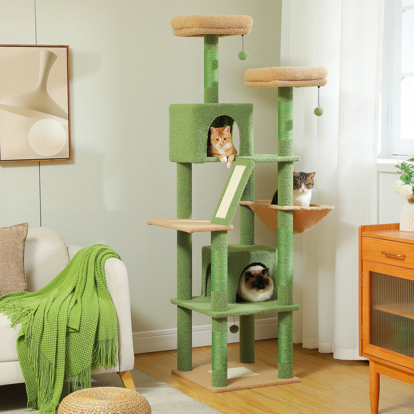 Deluxe 70in/180cm Multi-Level Cat Tree, Plush Condo, 6 Scratching Posts, Perches, Caves, Hammock, Pompoms, for Active Felines