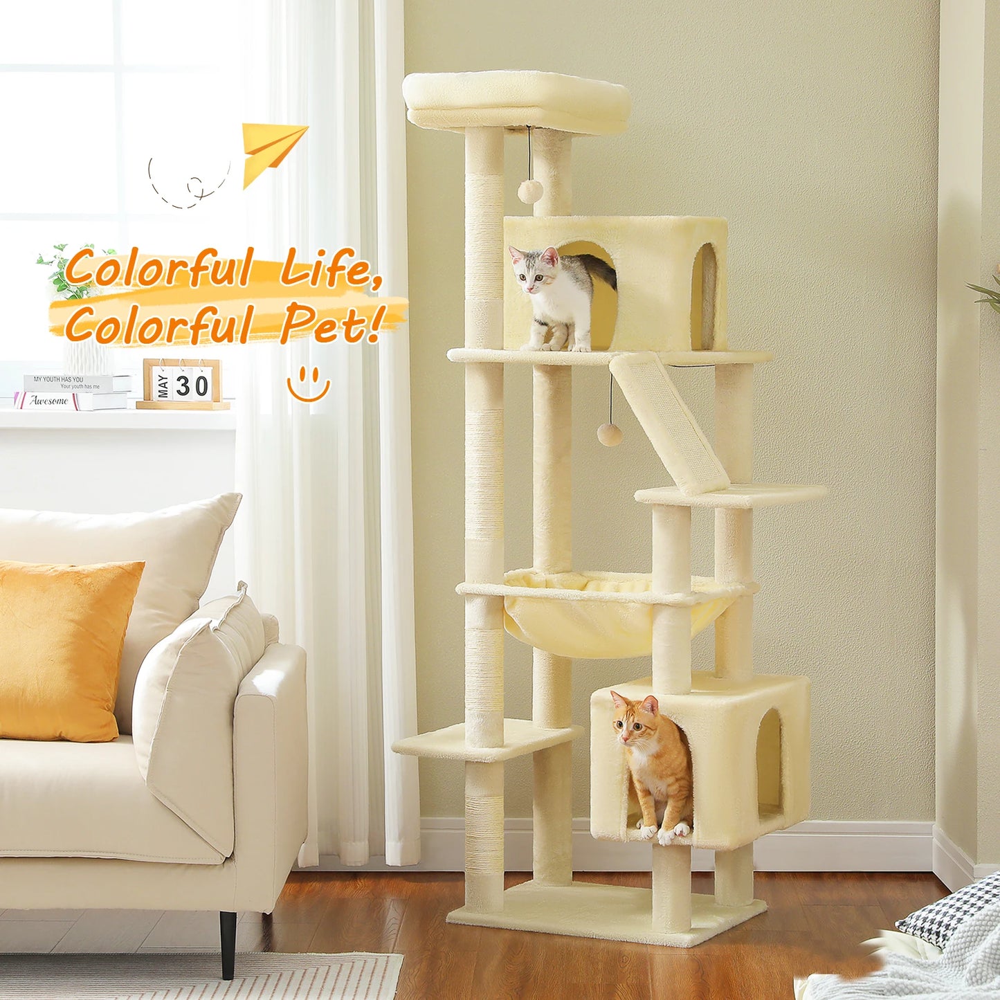 Tall Cat Tree for Large Cat with Large Hammock, Multi-Level Cat Tower with 2 Spacious Condos, Sisal Scratching Posts, Cat Toys