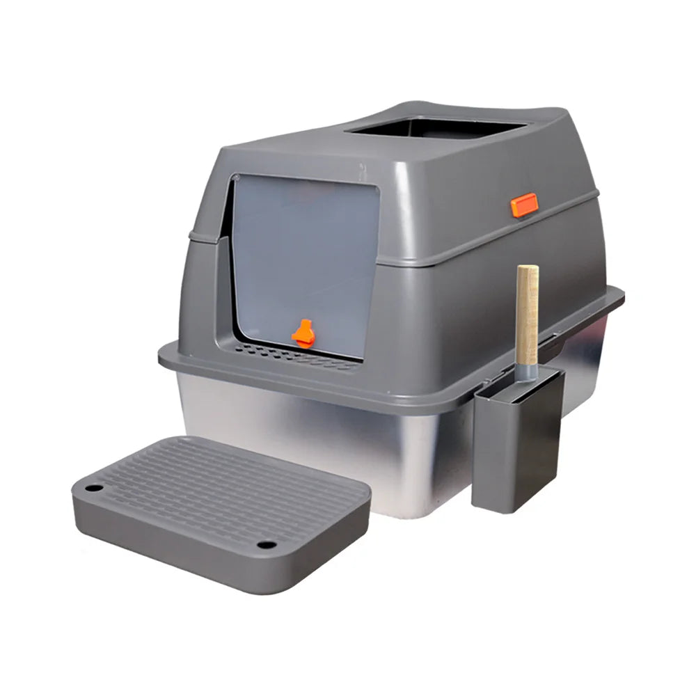 XXL Stainless Steel Cat Litter Box, Enclosed Puppy Cat Litter Tray with Lid Large, Litter Pan, High Wall Side, Easy Cleaning Toilet