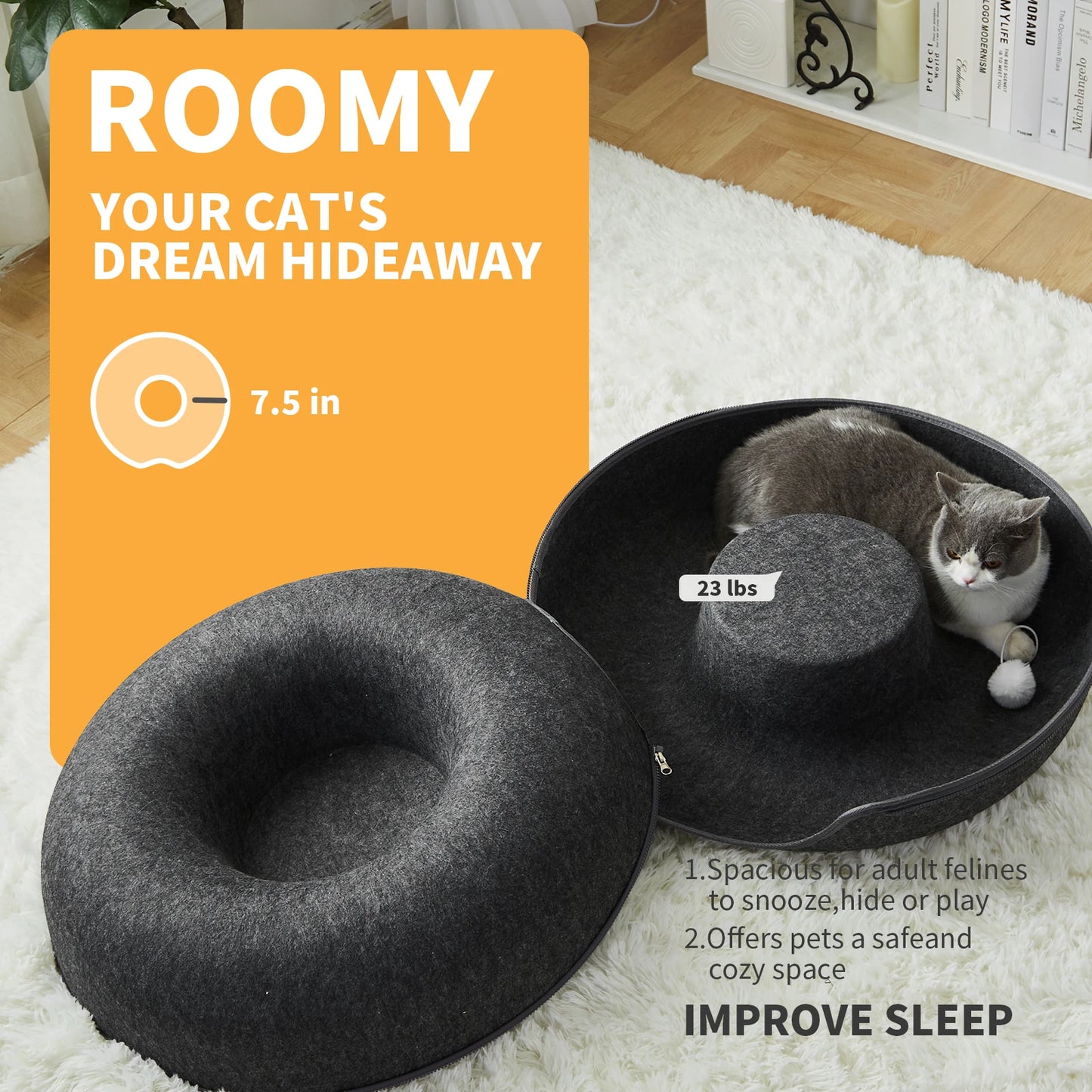 24 Inch Large Donut Cat Bed - Peekaboo Cat Cave for Multiple Cats