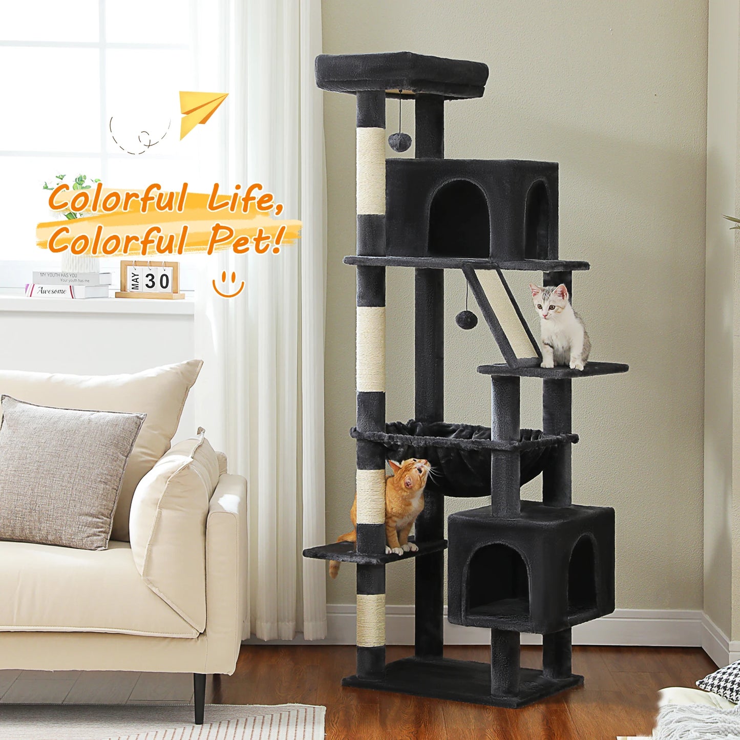 Tall Cat Tree for Large Cat with Large Hammock, Multi-Level Cat Tower with 2 Spacious Condos, Sisal Scratching Posts, Cat Toys