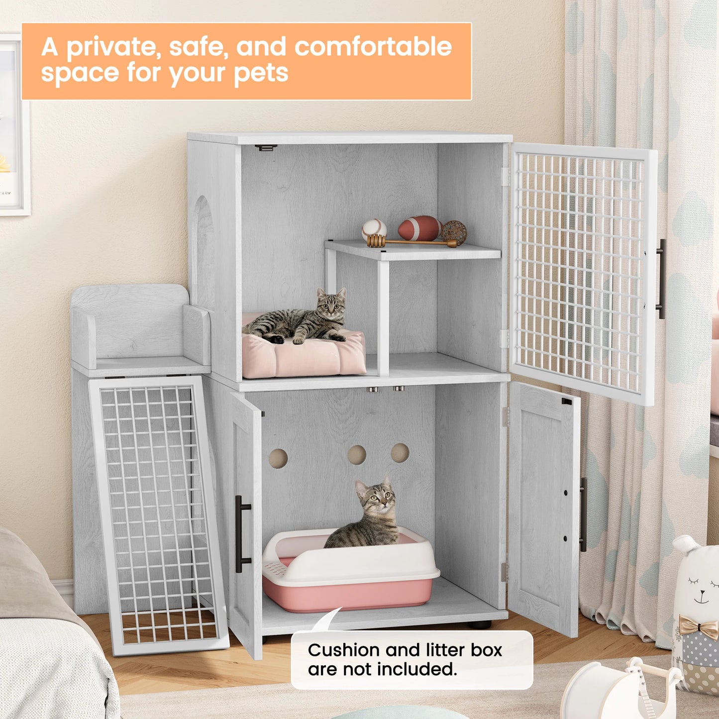 Cat Litter Box Enclosure with Platform, Double Layer Cat Litter, Hidden Furniture, Modern Villa Cat Cabinet with Ladder For Cat