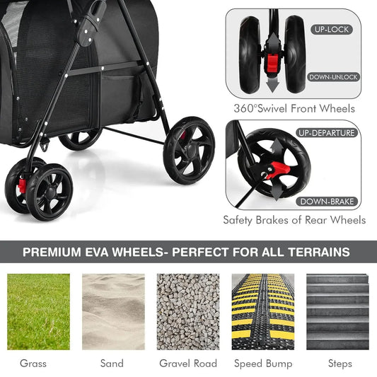 Double Pet Stroller with 2 Detachable Carrier Bags, Safety Belt, 4 Lockable Wheels Cat Stroller, Travel Carrier Strolling Cart