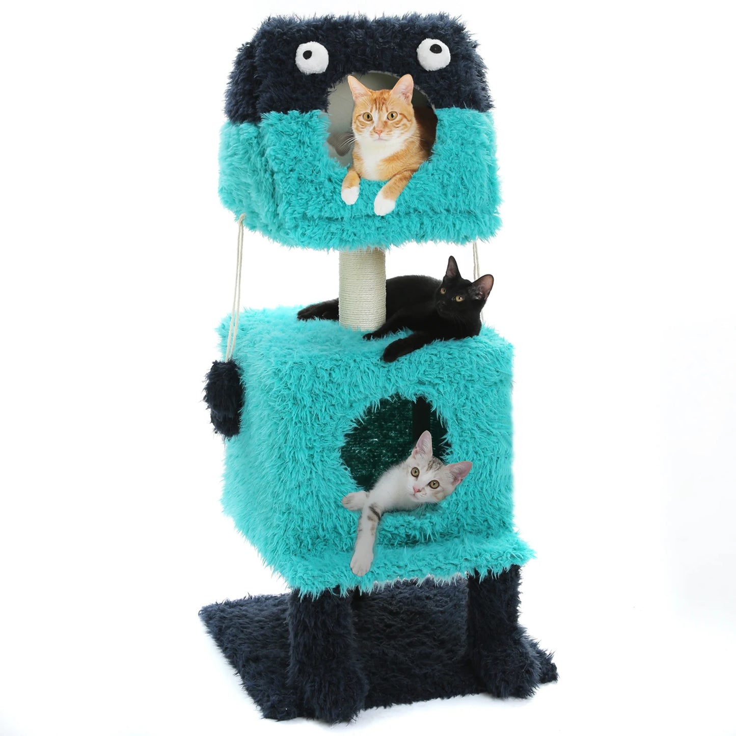 Monster Series Cute Cat Tree Tower, Plush Modeling with 2 Big Cat Condos, Cat Scratching Post with Plush Shoes, Strange Braids Toy