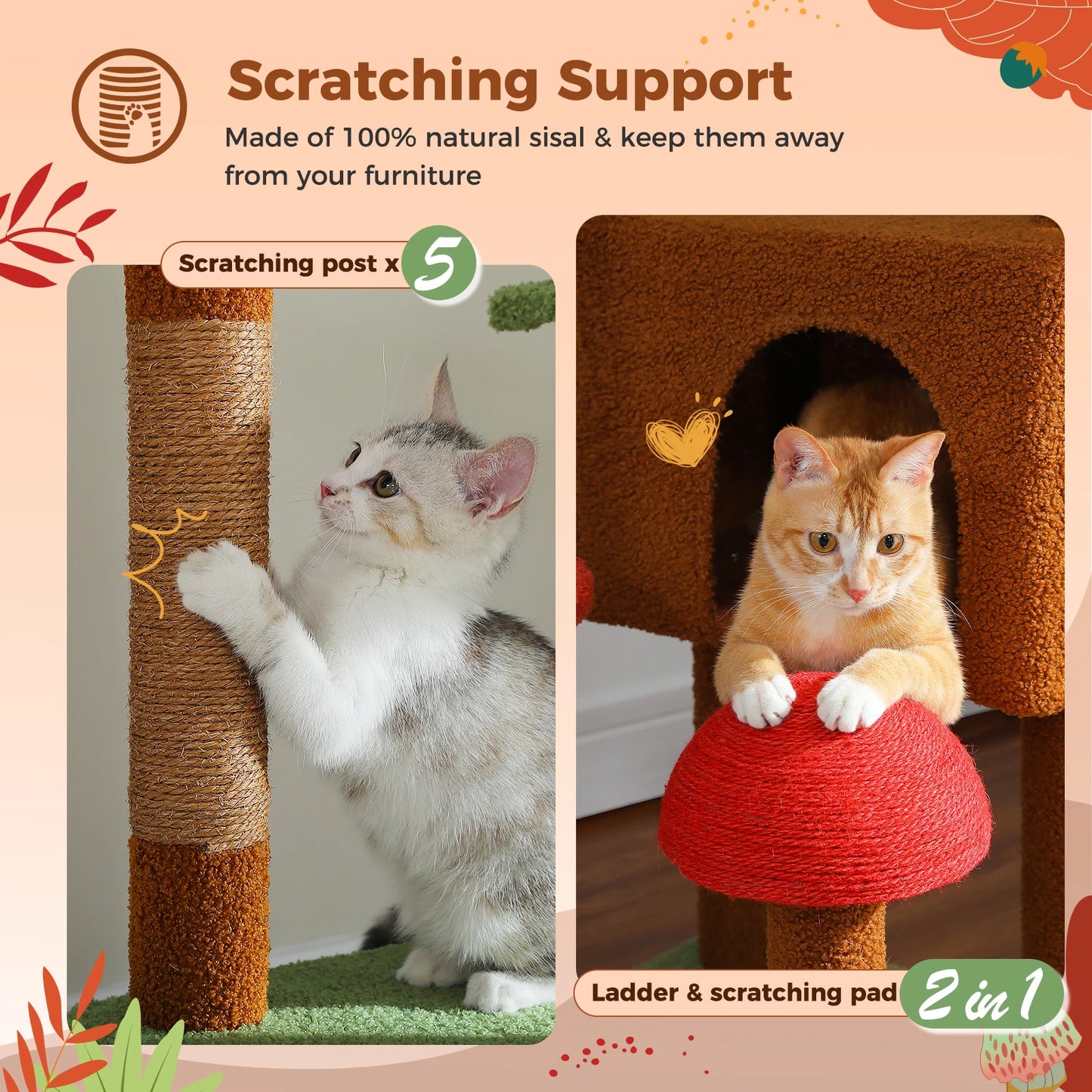 Adjustable Cat Tree, Floor to Ceiling Cat Condo, Hanging Ball, 5 Scratching Posts, Hammock, Ample Resting Place for Cats