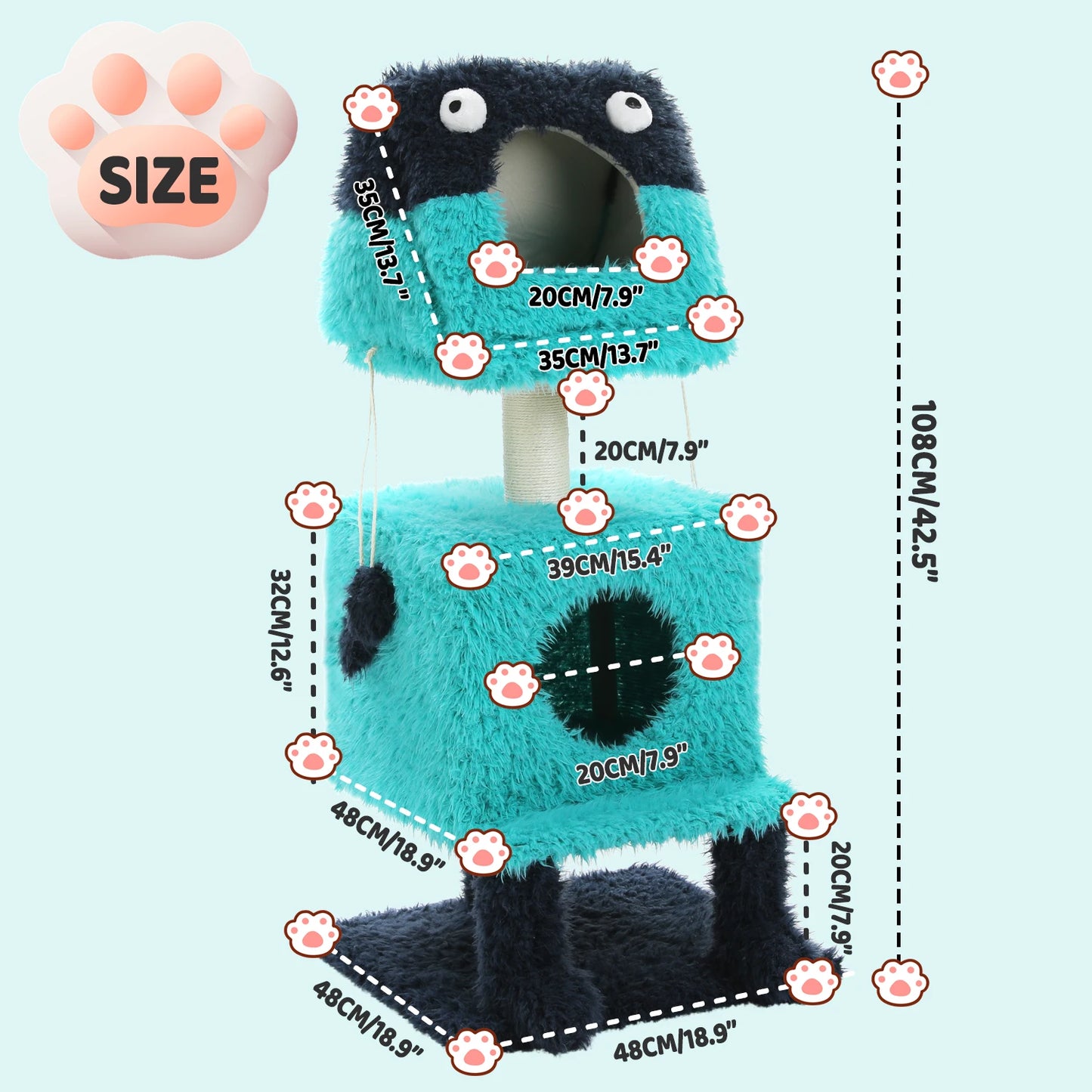 Monster Series Cute Cat Tree Tower, Plush Modeling with 2 Big Cat Condos, Cat Scratching Post with Plush Shoes, Strange Braids Toy