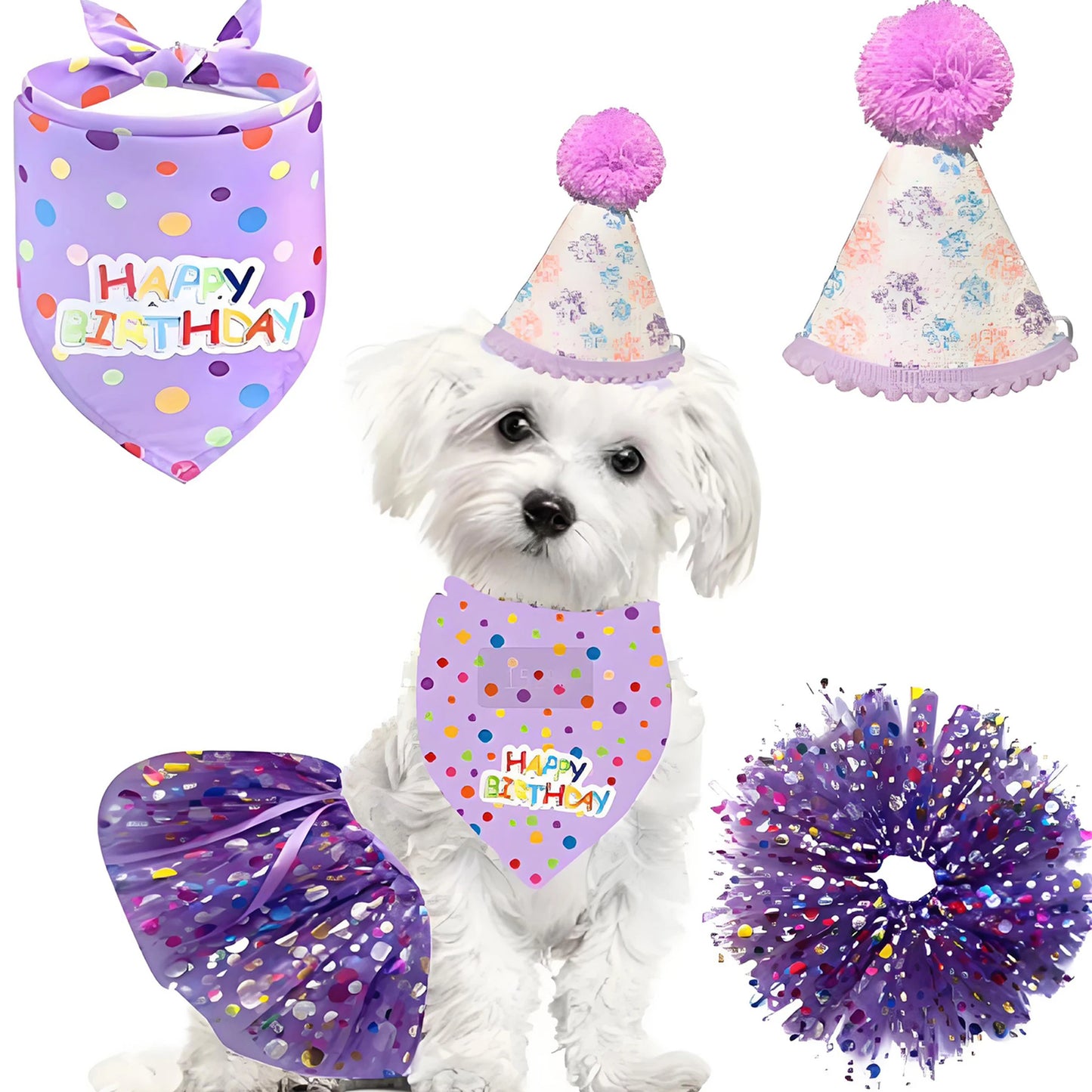 Cute Dog Birthday Costume Set, Adorable Party Hat, Matching Skirt and Scarf, Indoor and Outdoor Pet Celebrations