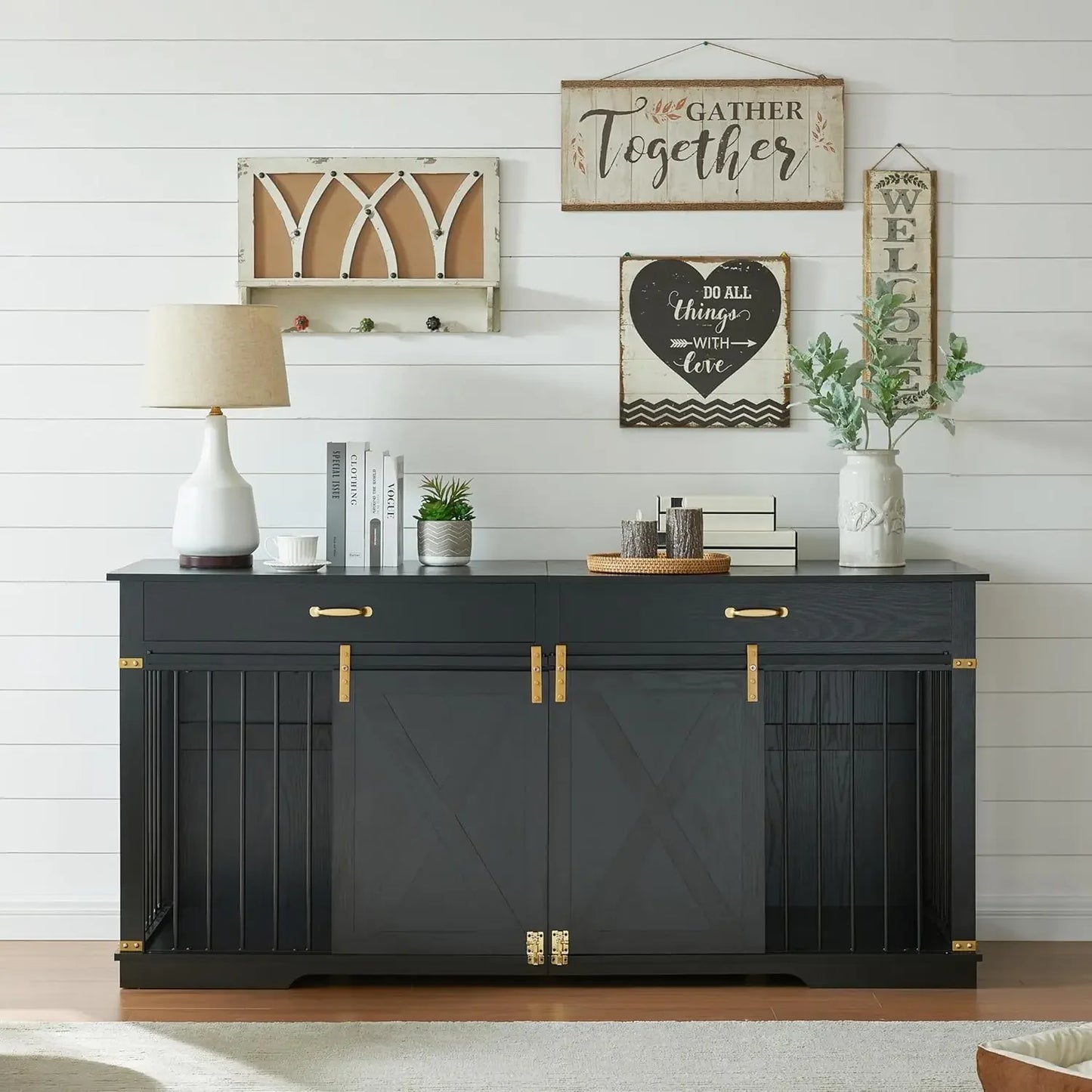 Extra Large Furniture Style Double Dog Crates, 72.5" Farmhouse Wooden Dog Kennel Furniture with Drawers, Divider