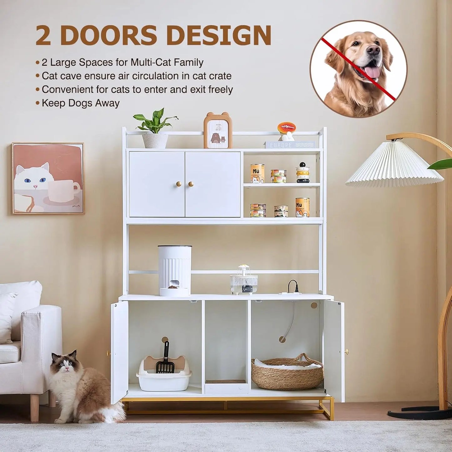 Cat Litter Box Enclosure with Power Outlet, Upgraded, Large Double Hidden Cat Litter Box, Furniture with Shelf, Indoor Cat House, Brown or White