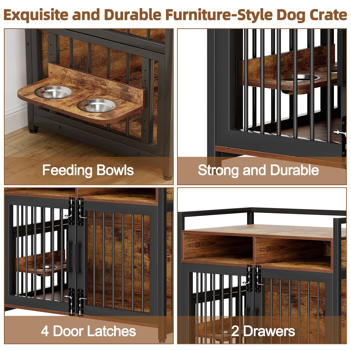 41/48 Inch Wooden Dog Crate Furniture, with Storage Drawers, Adjustable Raised Feeder, Indoor Pet House for Large & Medium Dogs