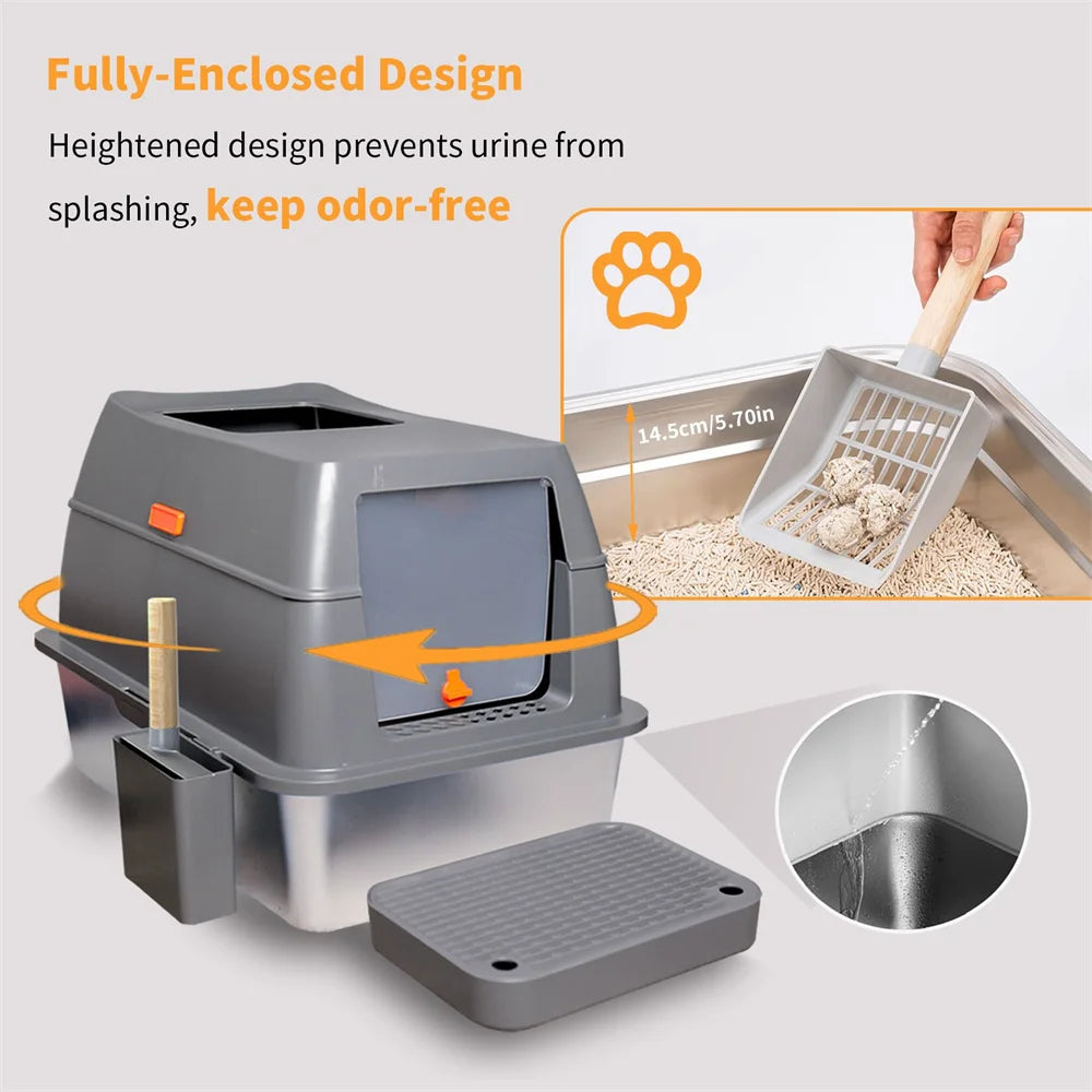 XXL Stainless Steel Cat Litter Box, Enclosed Puppy Cat Litter Tray with Lid Large, Litter Pan, High Wall Side, Easy Cleaning Toilet