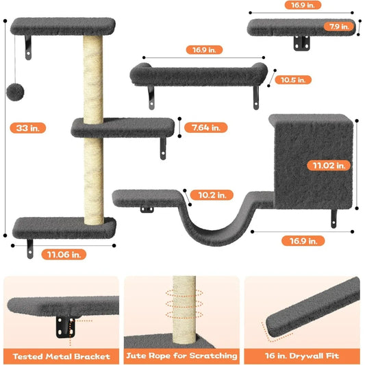 Cat Wall Shelves, Stable & Safe , 6 in 1 Wooden Cat Climber Walls