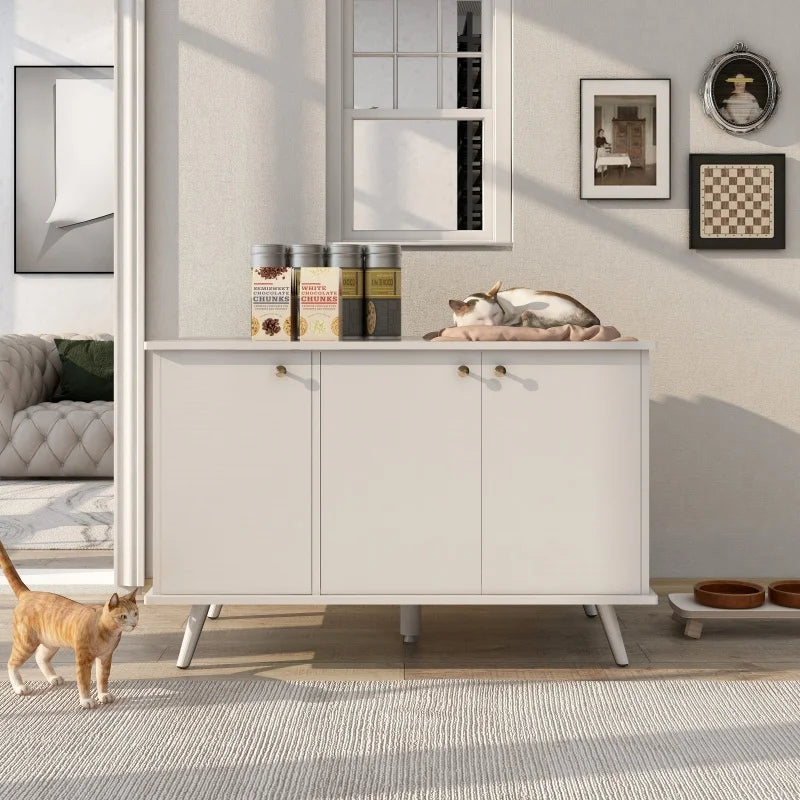 Litter Box Enclosure, Cat Litter Box, Furniture with Hidden Plug, 3 Doors, Indoor Cat Washroom, Storage Bench , White
