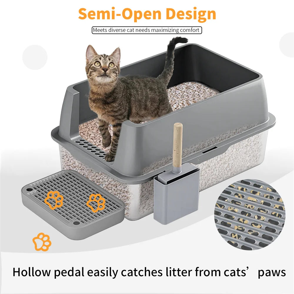 XXL Stainless Steel Cat Litter Box, Enclosed Puppy Cat Litter Tray with Lid Large, Litter Pan, High Wall Side, Easy Cleaning Toilet