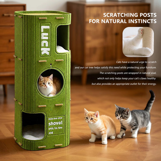 Three-Story Felt Cat Tree, Scratching Boards And Comfortable Caves, Multi-Story Cat Apartment Tower