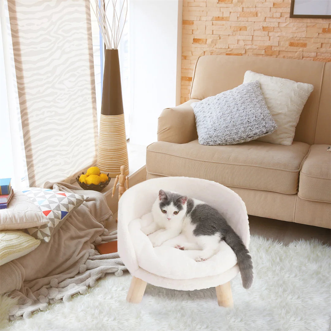 Luxury Cat Bed, Soft Warm Plush Fabric, Pet Nesting Chair, Bed Stool, Wood Legs with Cushion Pad, Washable Waterproof for Small Pets