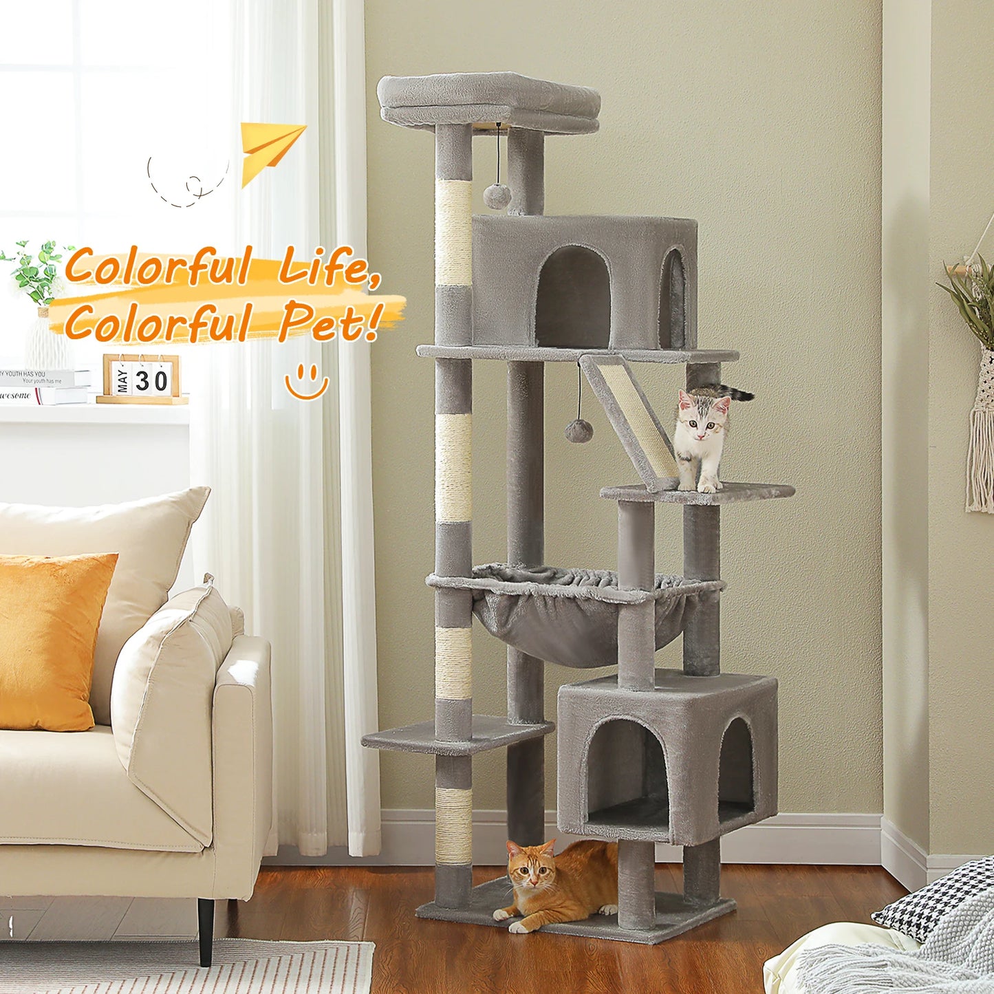 Tall Cat Tree for Large Cat with Large Hammock, Multi-Level Cat Tower with 2 Spacious Condos, Sisal Scratching Posts, Cat Toys