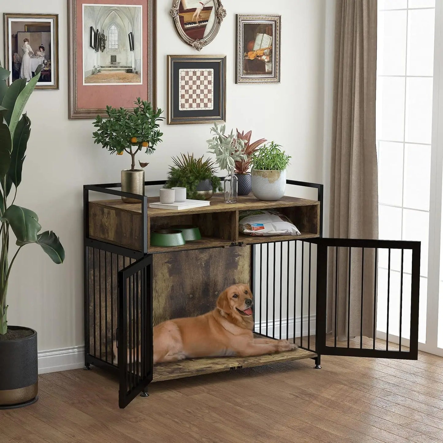 41/48 Inch Wooden Dog Crate Furniture, with Storage Drawers, Adjustable Raised Feeder, Indoor Pet House for Large & Medium Dogs