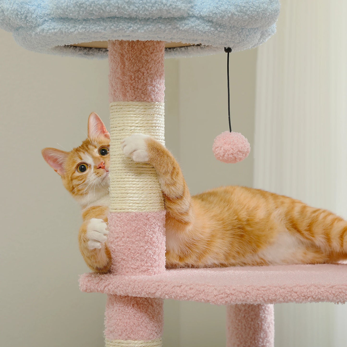 Multi-Level Flower Cat Tree Tower with Sisal Scratch Posts, Ramp, Top Perch and Fluffy Ball, for Small to Medium Indoor Cat.