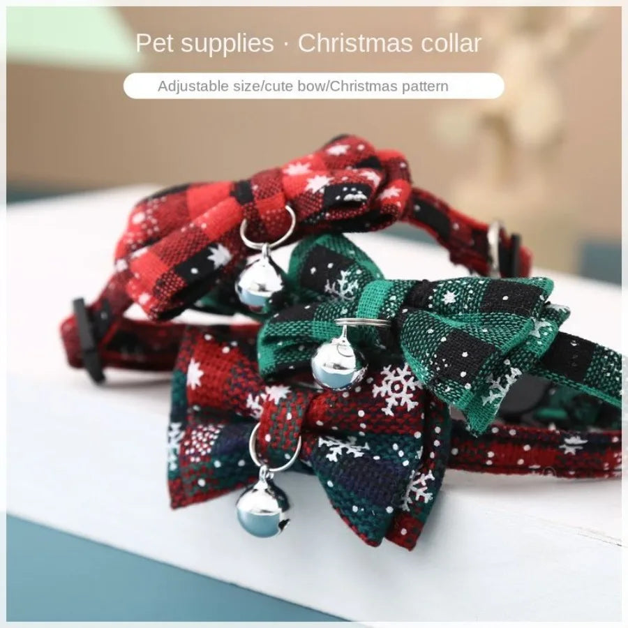 Christmas Snowflake Checker Bowknot Bell Cat Collar, Safety Buckle, Removable Pet Collar, Small Dog/Cat Christmas Bell Collar