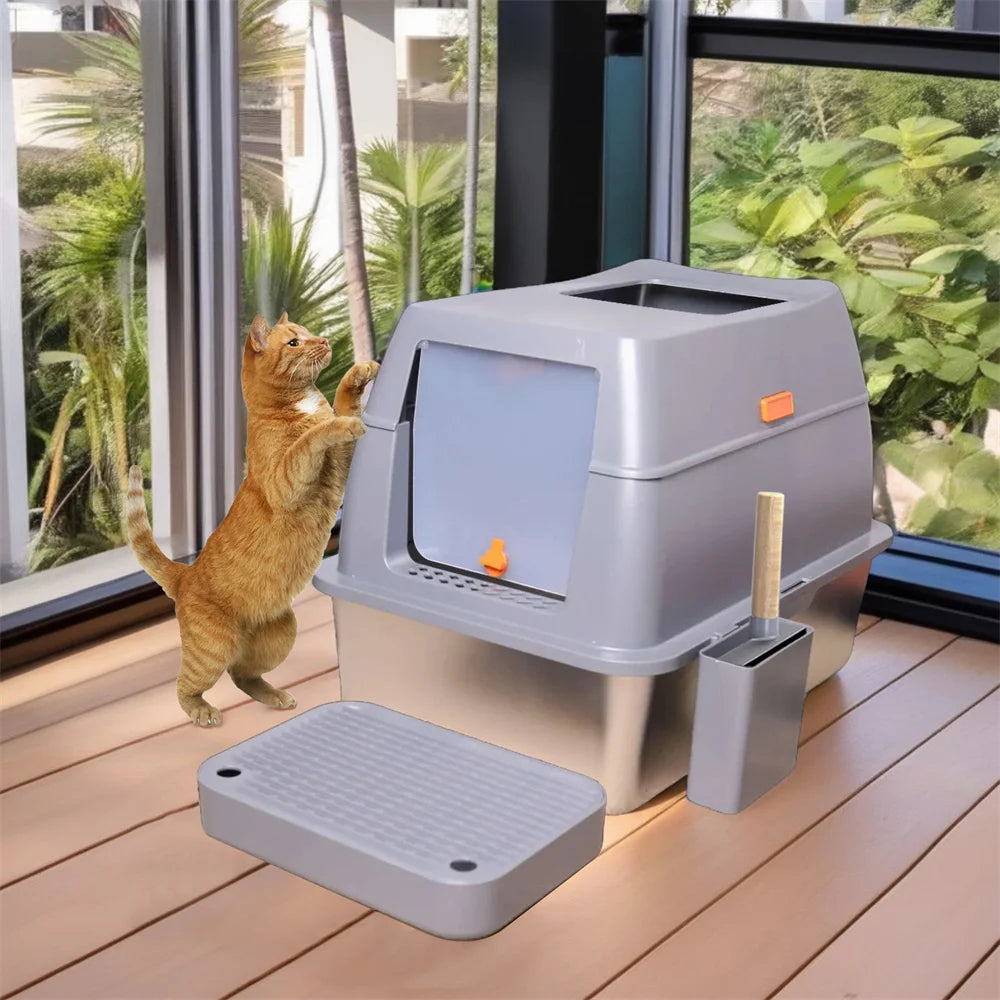 XXL Stainless Steel Cat Litter Box, Enclosed Puppy Cat Litter Tray with Lid Large, Litter Pan, High Wall Side, Easy Cleaning Toilet