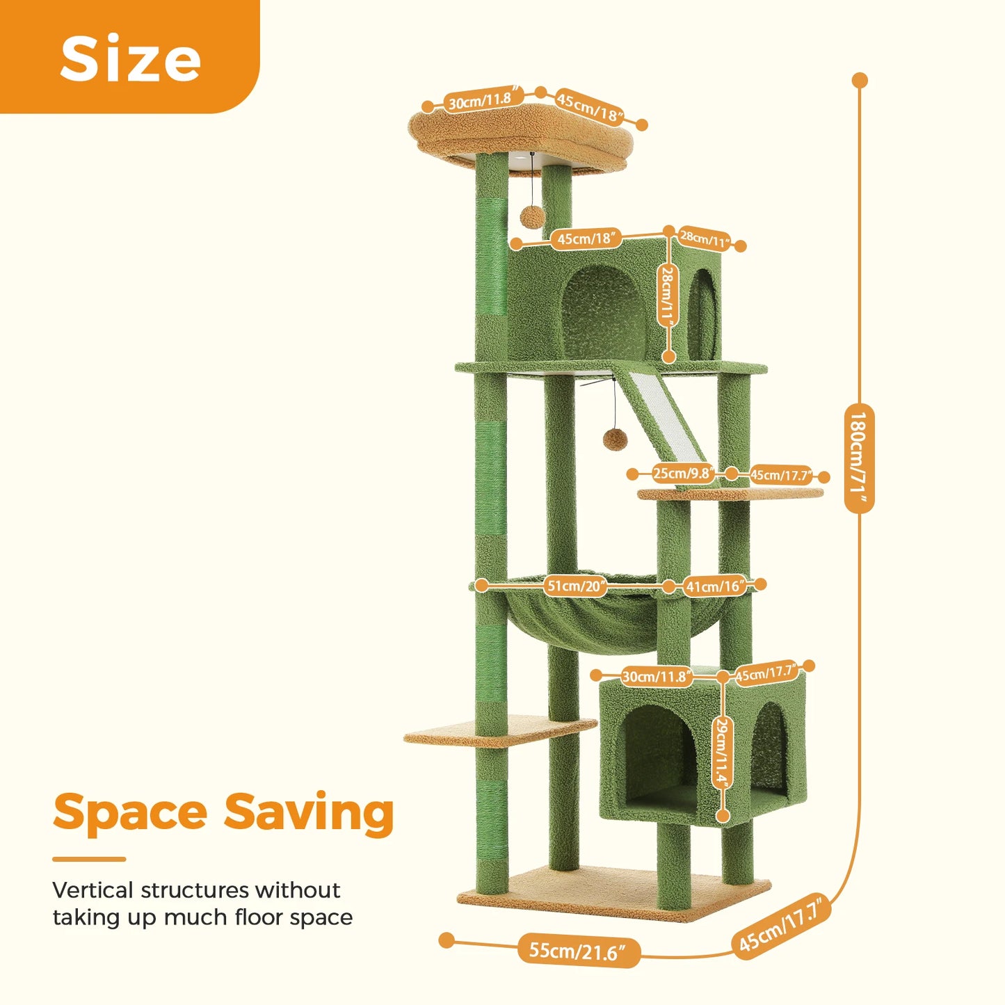 Tall Cat Tree for Large Cat with Large Hammock, Multi-Level Cat Tower with 2 Spacious Condos, Sisal Scratching Posts, Cat Toys