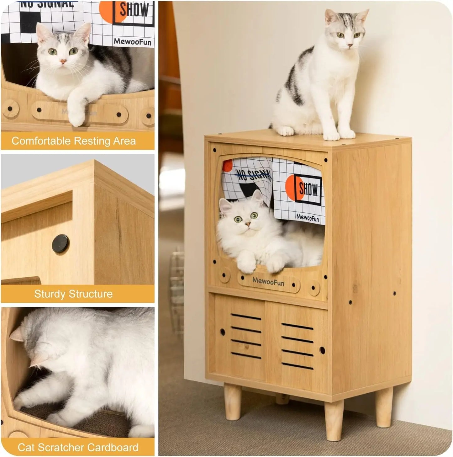 Cat TV House, Sturdy Wooden Cat Condo, Luxury Cat TV, Furniture with Cat Scratcher and Storage Space