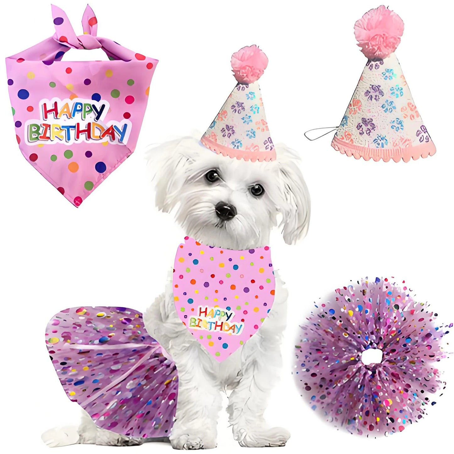 Cute Dog Birthday Costume Set, Adorable Party Hat, Matching Skirt and Scarf, Indoor and Outdoor Pet Celebrations