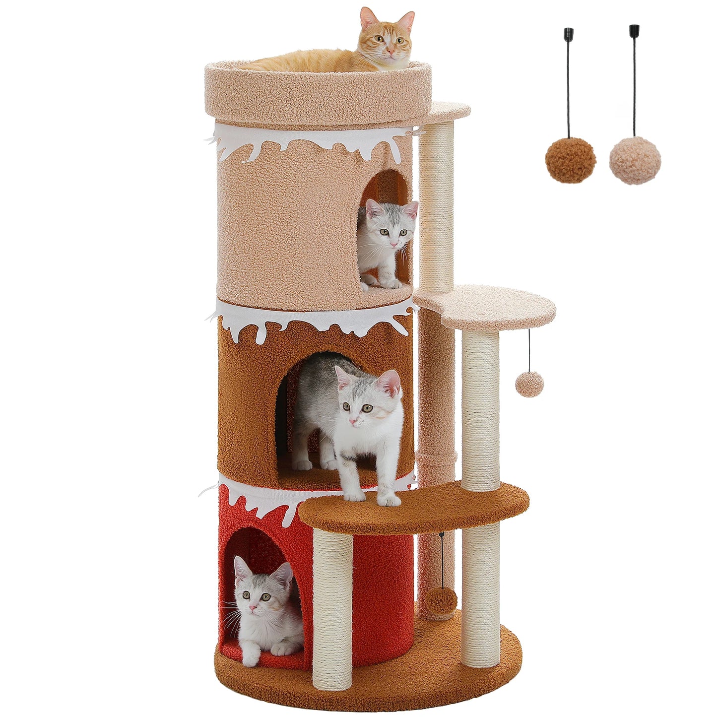Multi-Level Cat Bed Cat House, Large Cat Condos for Indoor, Cute Cat Tree Tower with Sisal Scratching Posts, Pompoms, Kitten Toy