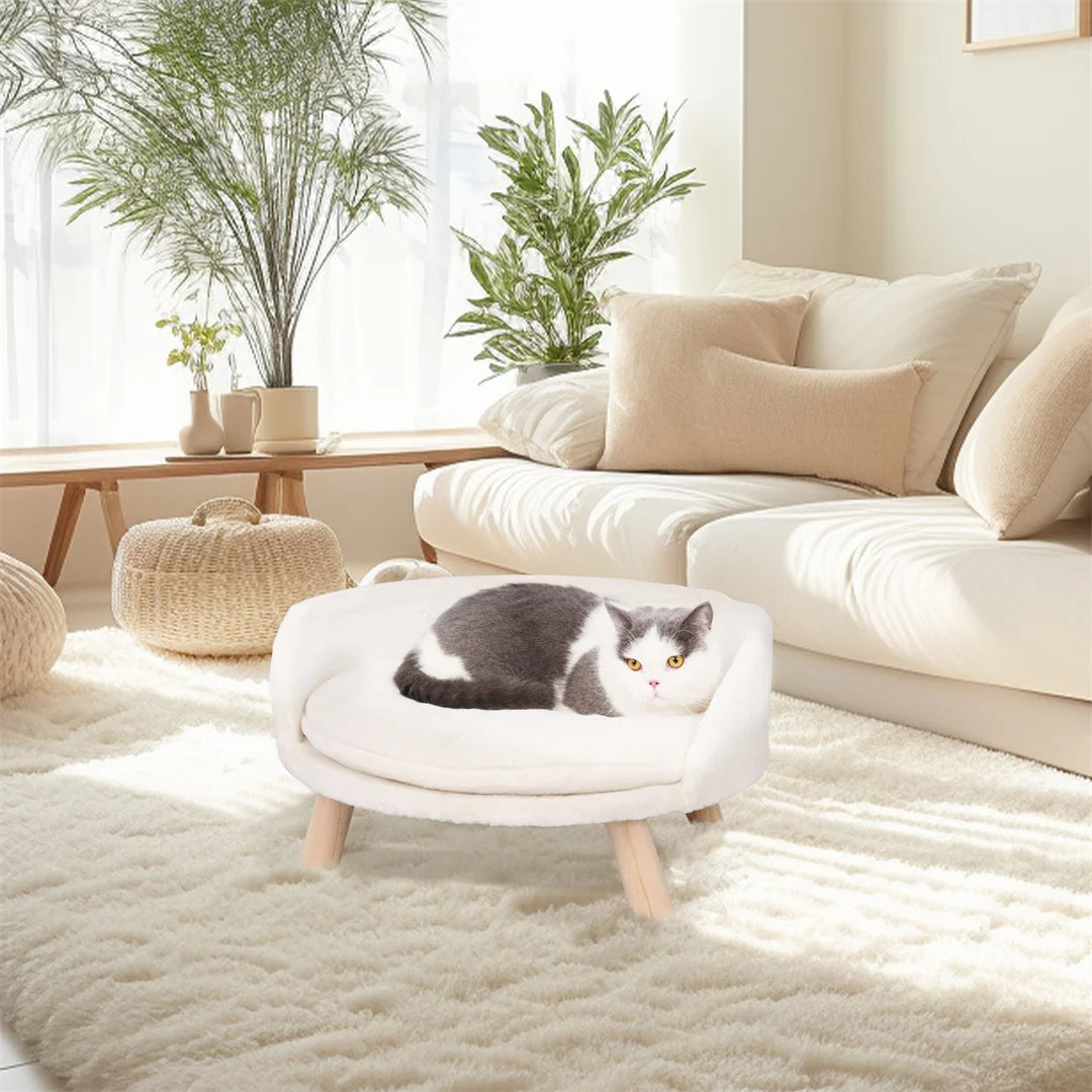 Luxury Cat Bed, Soft Warm Plush Fabric, Pet Nesting Chair, Bed Stool, Wood Legs with Cushion Pad, Washable Waterproof for Small Pets