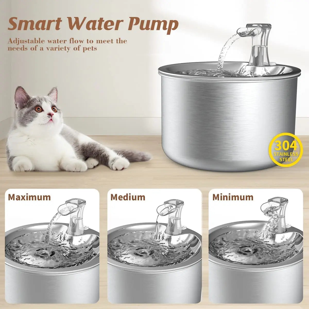 2L Fully Stainless Steel Pet Water Dispenser, Automatic Cat Water Fountain, Optional Sensor and Heater