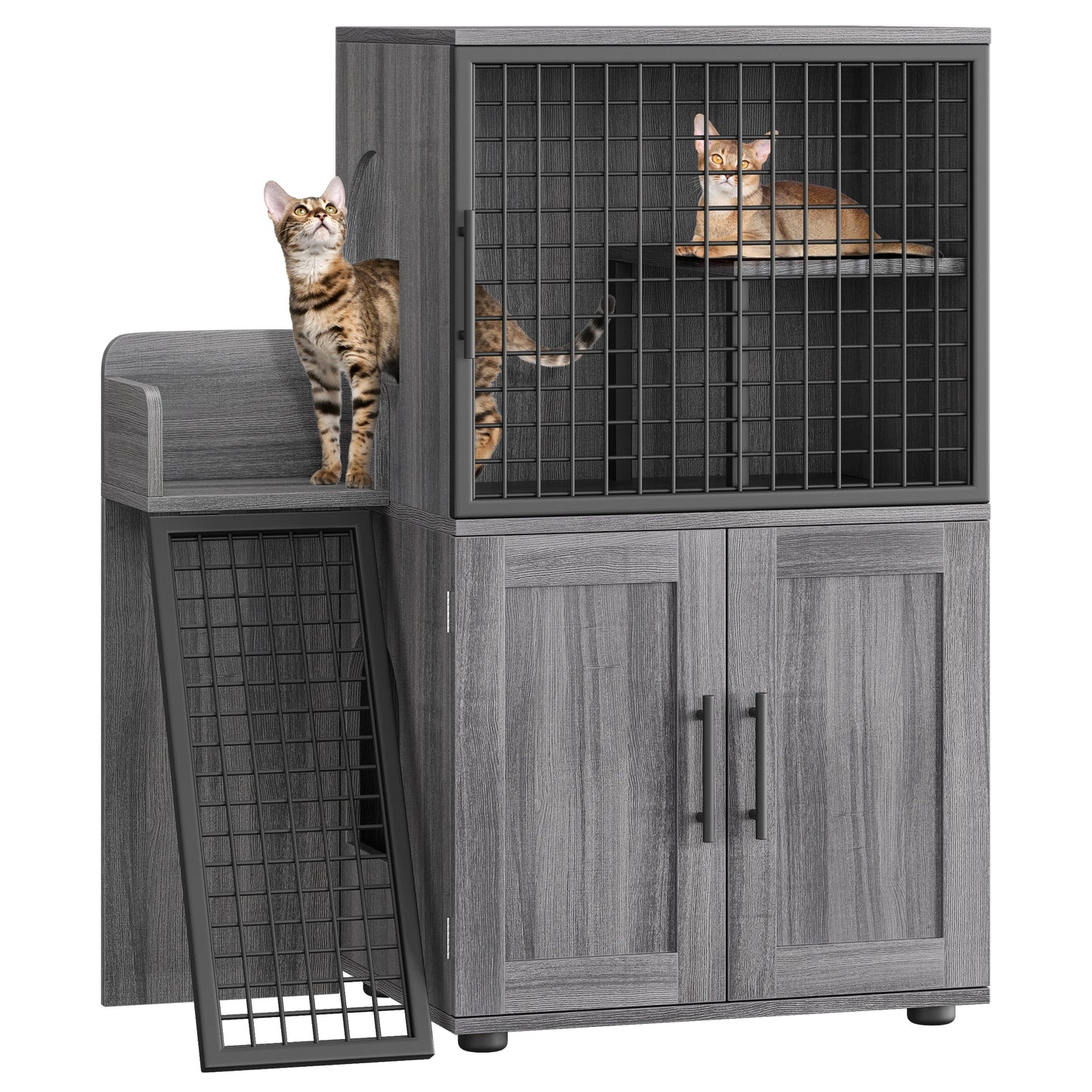Cat Litter Box Enclosure with Platform, Double Layer Cat Litter, Hidden Furniture, Modern Villa Cat Cabinet with Ladder For Cat