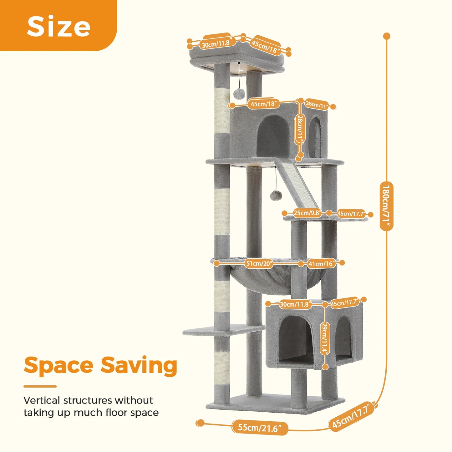 Tall Cat Tree for Large Cat with Large Hammock, Multi-Level Cat Tower with 2 Spacious Condos, Sisal Scratching Posts, Cat Toys