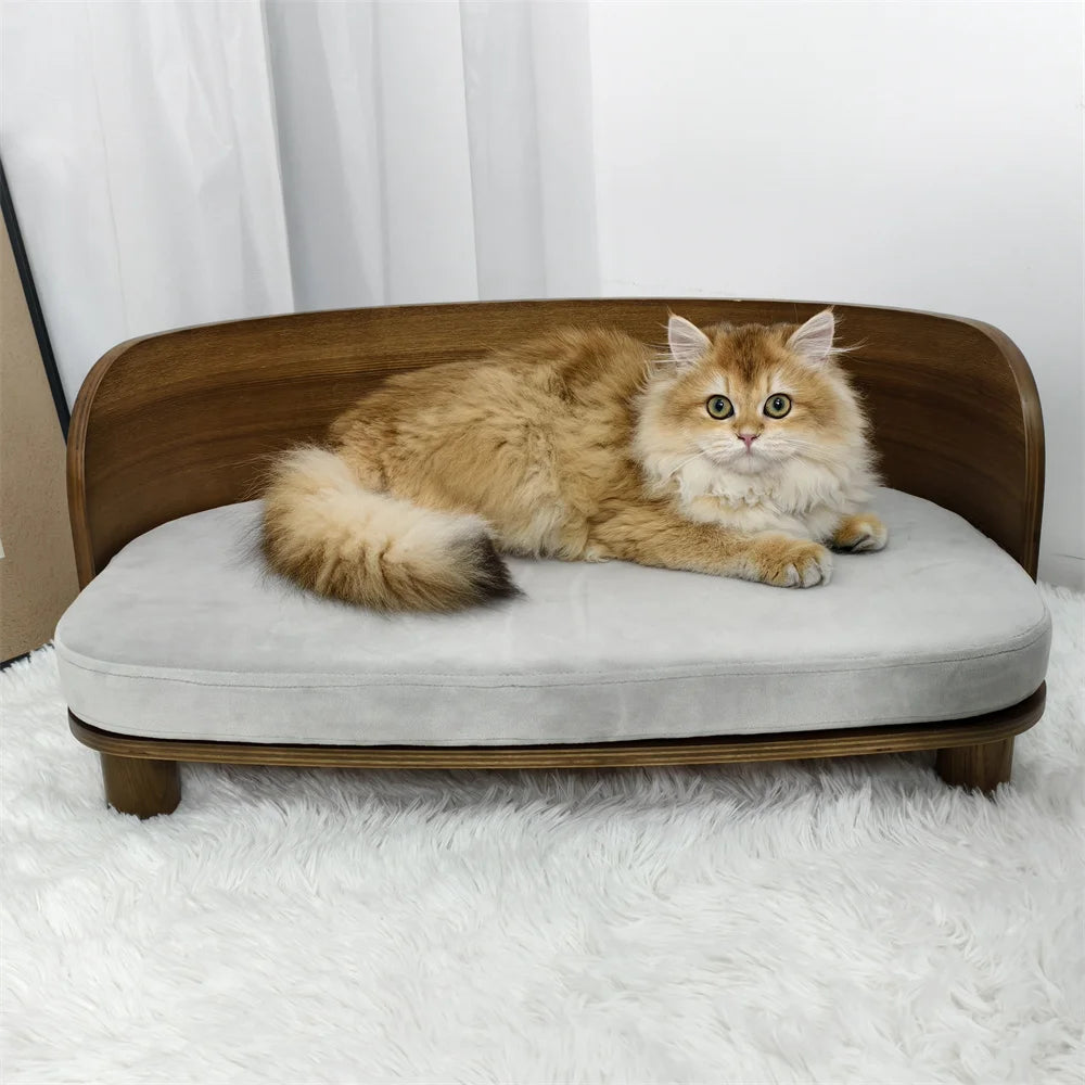 Elevated Pet Bed, Kitten Cat Sofa Bed, for Small Dogs, Solid Wood Legs and Bent Wood Backrest, Removable Washable Cover