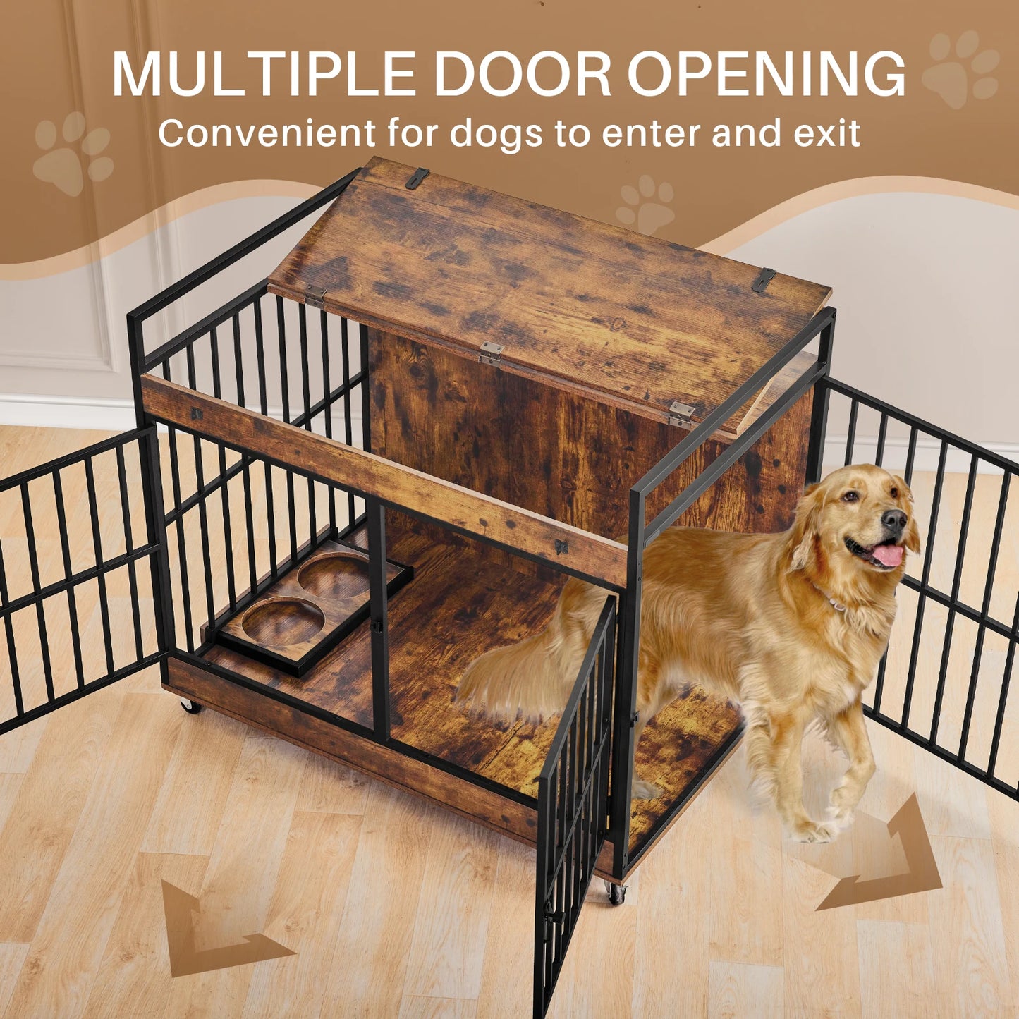 Dog Crate Furniture End Table, Dog Kennel Indoor, Heavy Duty Dog House w/ Wheels, Feeder Bowls Flip Top 43.7 x 30 x 37.8 in
