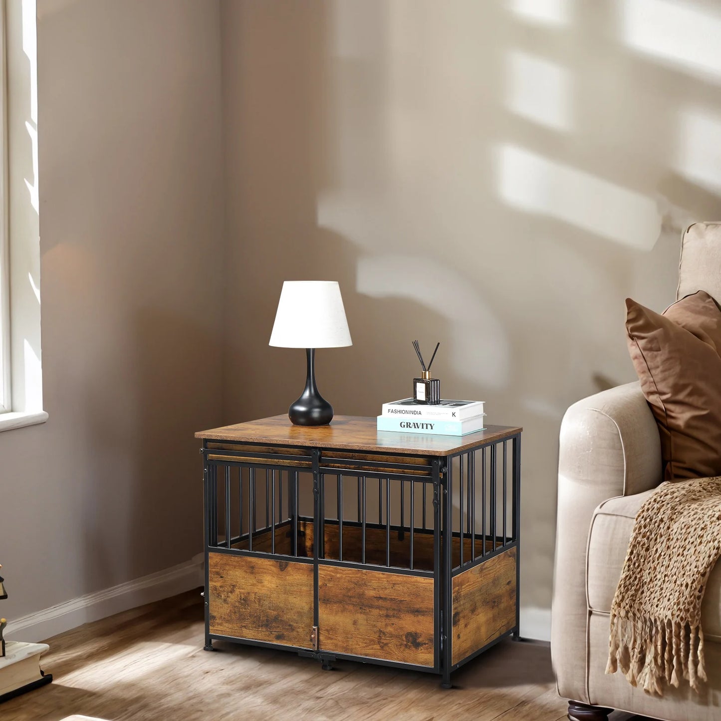 Dog Crate Furniture, Heavy Duty Wood, Double Doors, Decorative Pet House, Sliding Door, Rustic Brown.