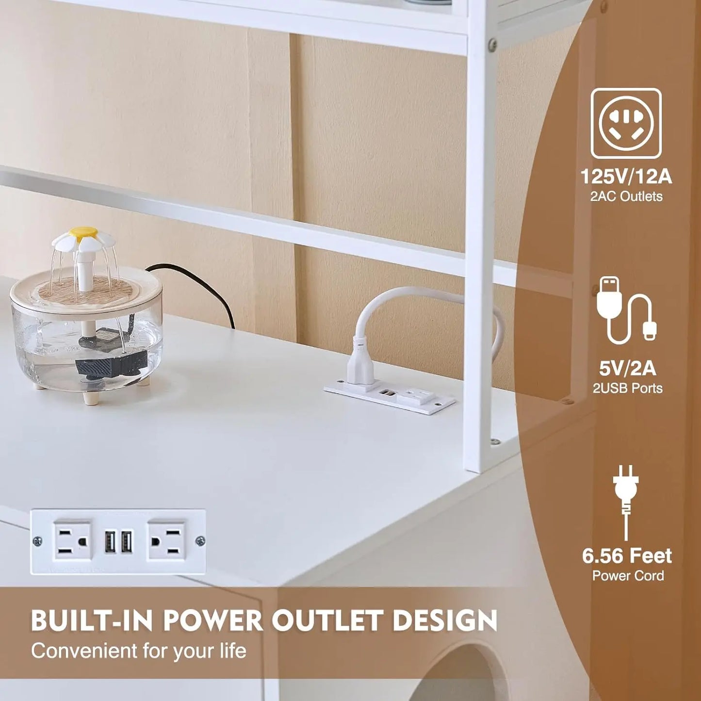 Cat Litter Box Enclosure with Power Outlet, Upgraded, Large Double Hidden Cat Litter Box, Furniture with Shelf, Indoor Cat House, Brown or White