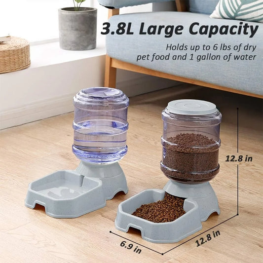Automatic Pet Feeder, Water Dispenser, Dogs Cats, Self Feeding Gravity, Refill Easy Clean, 1 Gallon Durable Plastic, BPA-Free