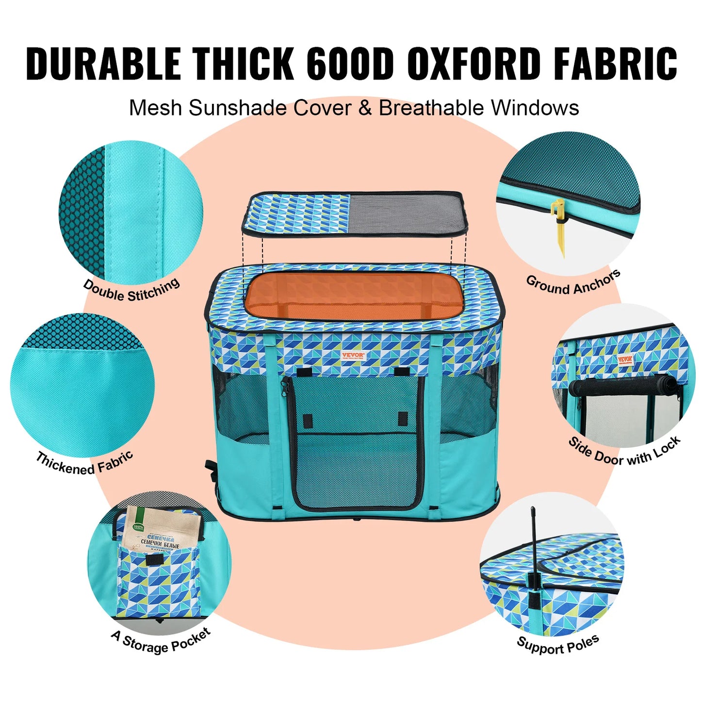 Portable Foldable Pet Playpen, Light Weight, Easy Setup, Waterproof Shelter, for Dogs & Cats
