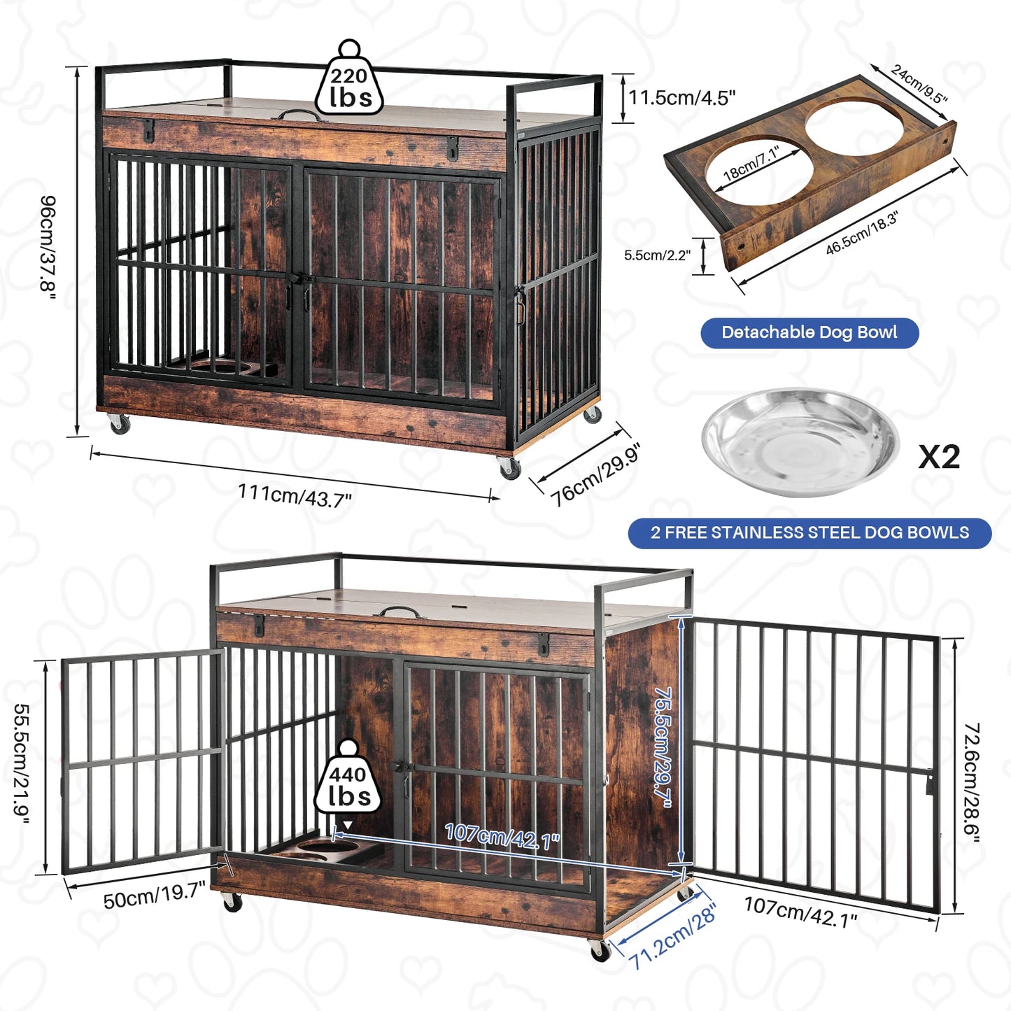 Dog Crate Furniture End Table, Dog Kennel Indoor, Heavy Duty Dog House w/ Wheels, Feeder Bowls Flip Top 43.7 x 30 x 37.8 in