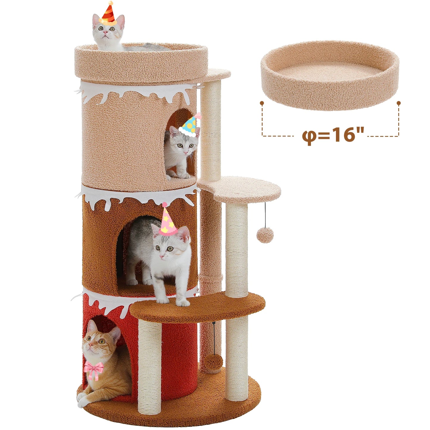 Multi-Level Cat Bed Cat House, Large Cat Condos for Indoor, Cute Cat Tree Tower with Sisal Scratching Posts, Pompoms, Kitten Toy