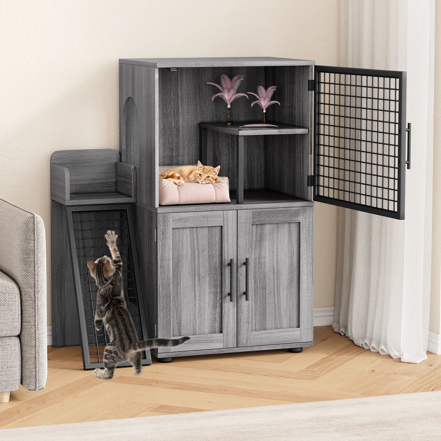 Cat Litter Box Enclosure with Platform, Double Layer Cat Litter, Hidden Furniture, Modern Villa Cat Cabinet with Ladder For Cat