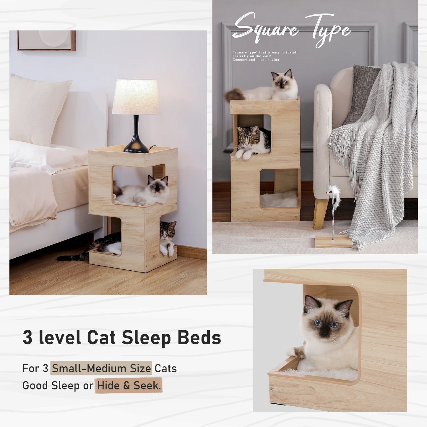 Wooden Cat Condo House with Plush Mats, Scratching Pad, Detachable Scratcher, Quality Furniture End Table Cat Condo