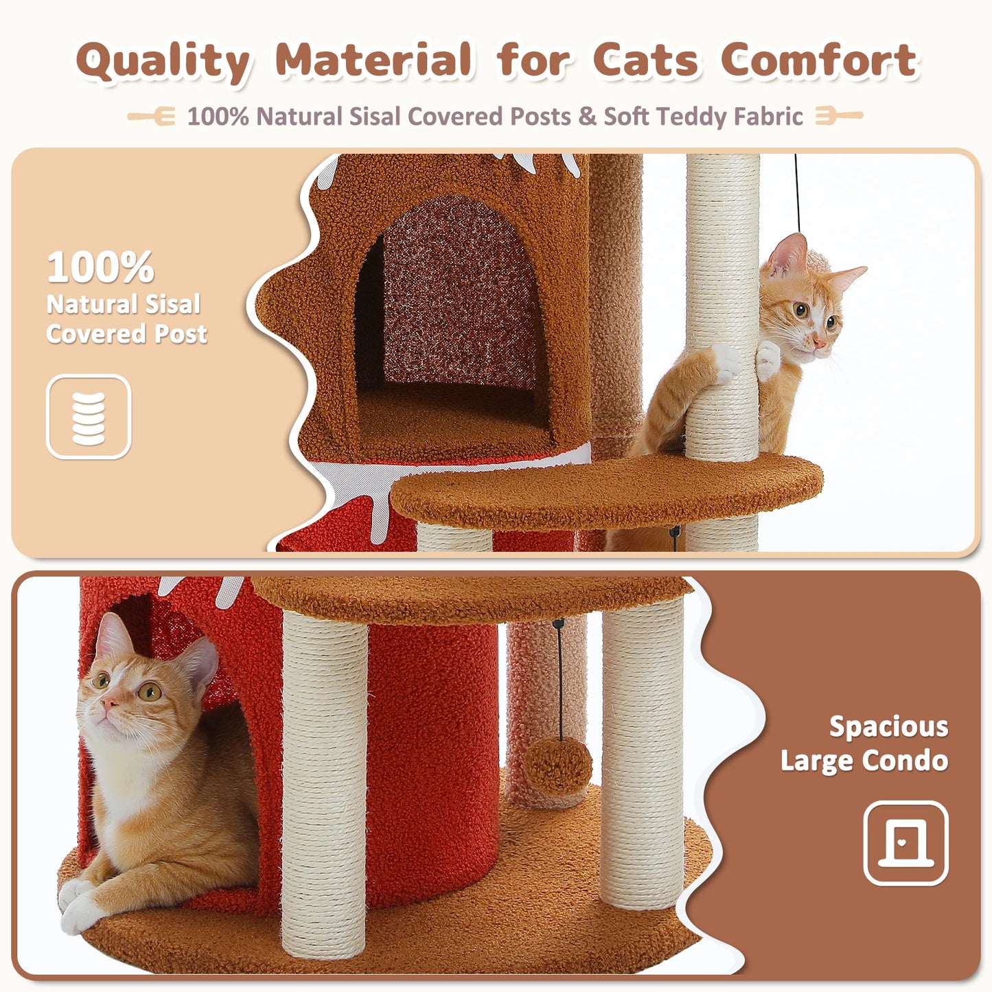 Multi-Level Cat Bed Cat House, Large Cat Condos for Indoor, Cute Cat Tree Tower with Sisal Scratching Posts, Pompoms, Kitten Toy