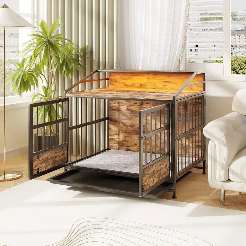 Multi-Function Wooden Dog Crate with Storage, Multiple Door Kennel for Large/Medium Dogs, Indoor Use, Brown Finish