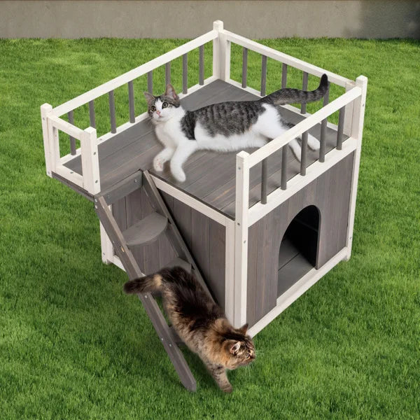 Large Luxury Cat Villa, 2-Story Wooden Feral Cat House, Dog House for Outdoor and Indoor, Pet House with Stairs, Grey & White