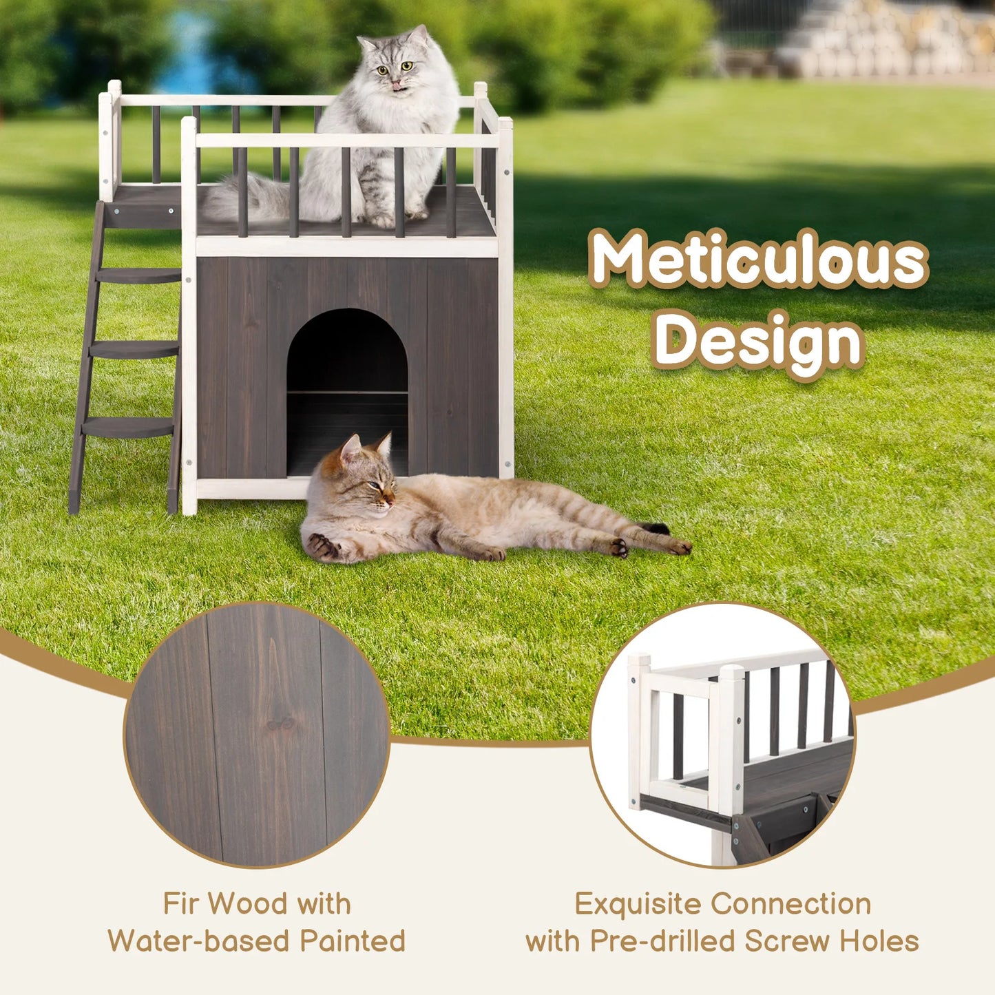 Large Luxury Cat Villa, 2-Story Wooden Feral Cat House, Dog House for Outdoor and Indoor, Pet House with Stairs, Grey & White