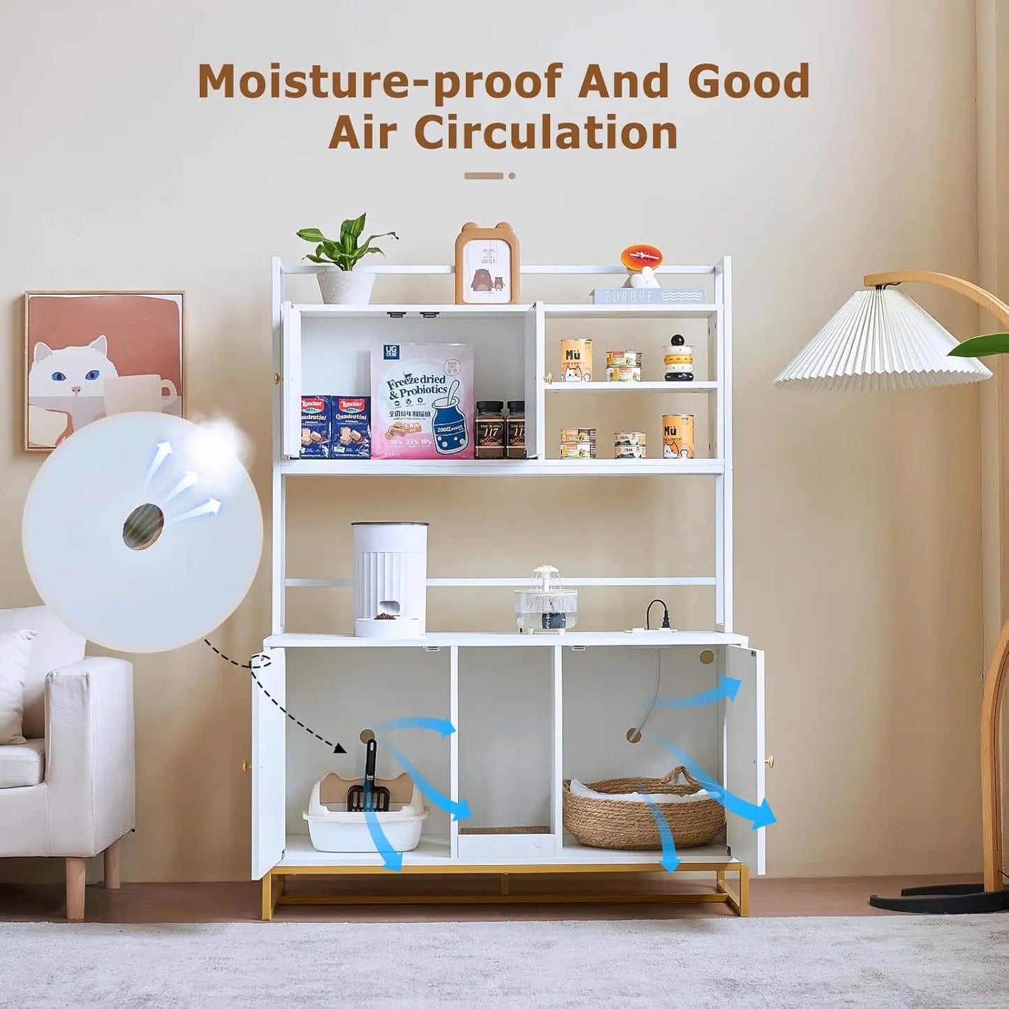 Cat Litter Box Enclosure with Power Outlet, Upgraded, Large Double Hidden Cat Litter Box, Furniture with Shelf, Indoor Cat House, Brown or White