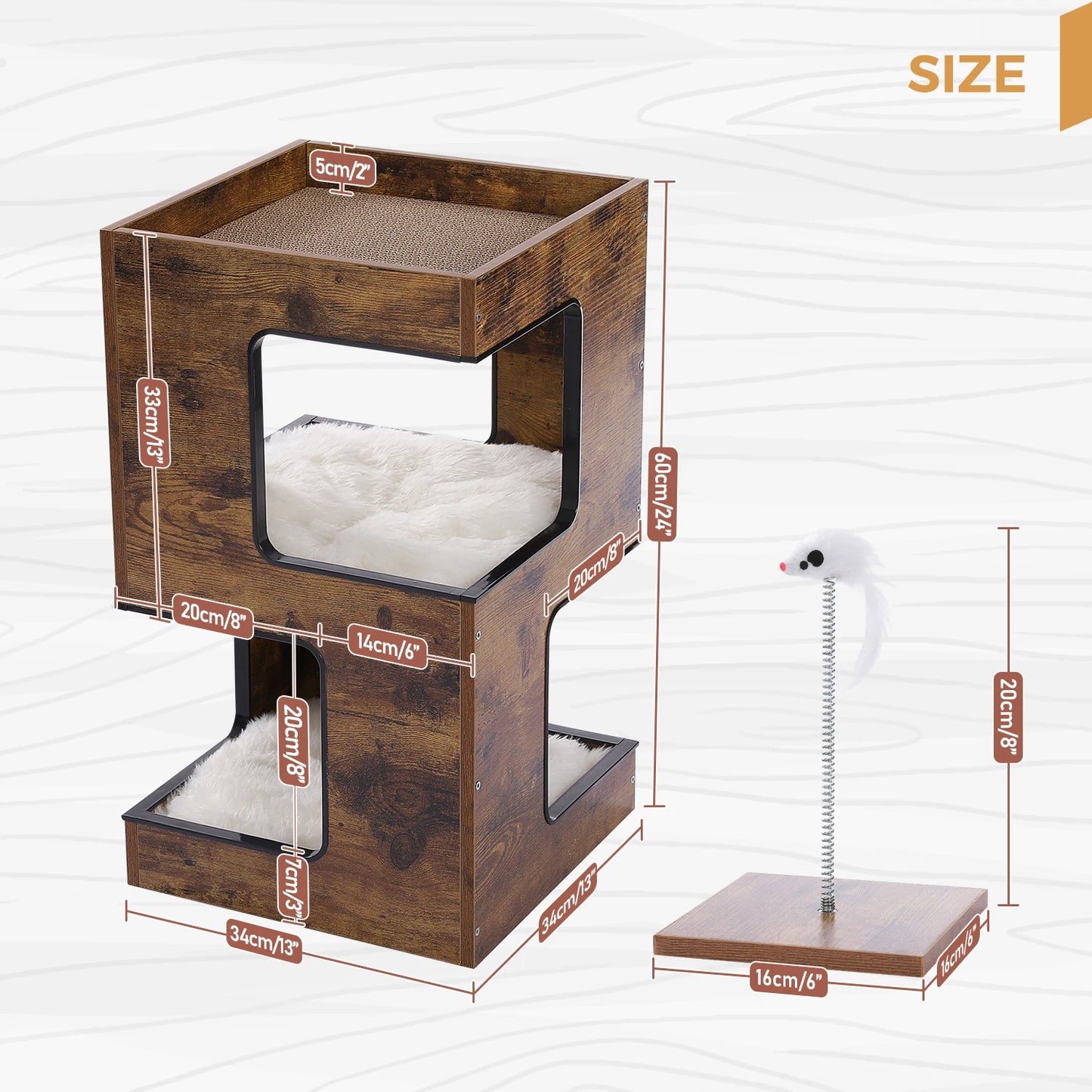 Wooden Cat Condo House with Plush Mats, Scratching Pad, Detachable Scratcher, Quality Furniture End Table Cat Condo
